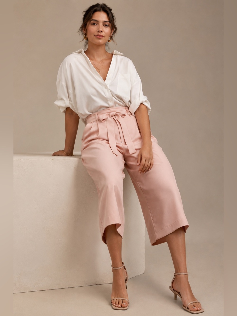 ASOS Blush Pink Paperbag Wide Leg Culotte Cropped Pants Women’s Size 8